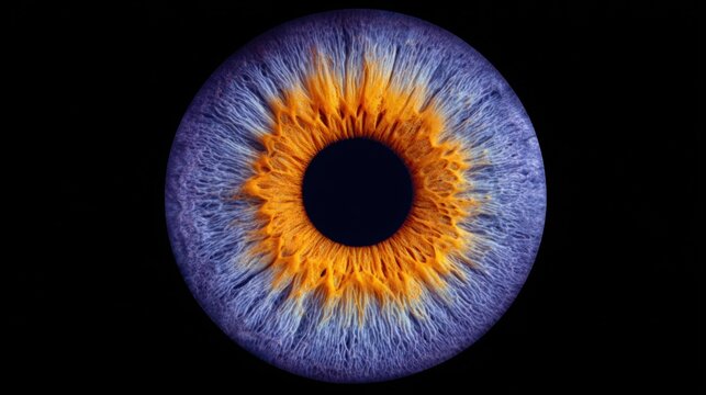 Close-up view of a vibrant human eye with intricate patterns of orange and blue colors radiating from the pupil against a black background