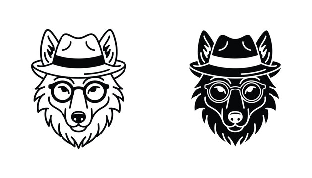 Wolf head with hat and glasses line art and solid icons for hipster and quirky character design