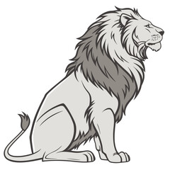 Naklejka premium Majestic lion sitting vector illustration, noble male lion with thick mane profile, regal wild cat mascot in grey tones for sports logos and branding