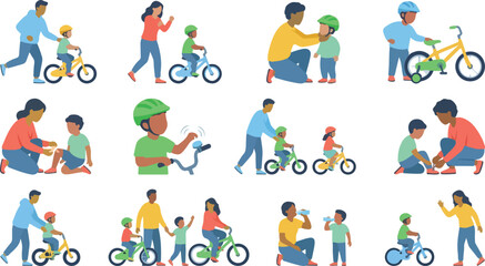 Fototapeta premium Bicycle riding icons set showing parents teaching children how to ride bikes wear safety helmets and repair their gear too