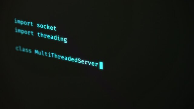 Programming computer code on screen in software development process.