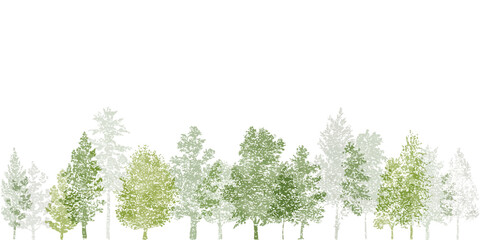 Forest Silhouette Trees Vector Illustration, Isolated Evergreen Tree Collection, Side View Green Shadow Forest Set for Seamless Border Design, Architecture, and Landscape Planning Elements. © YET FAR 