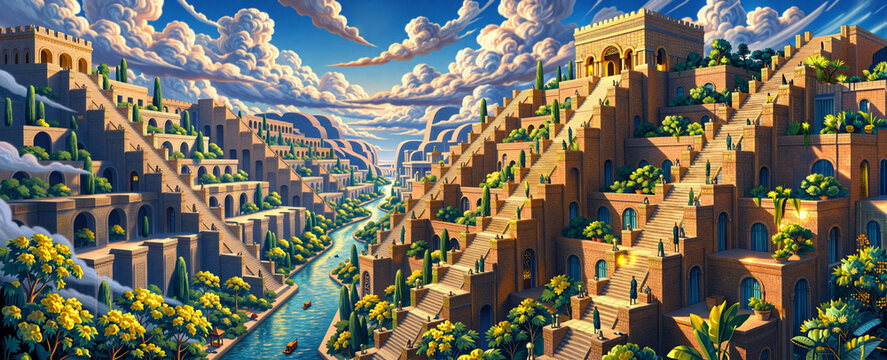 Ancient Babylon Landscape with Hanging Gardens