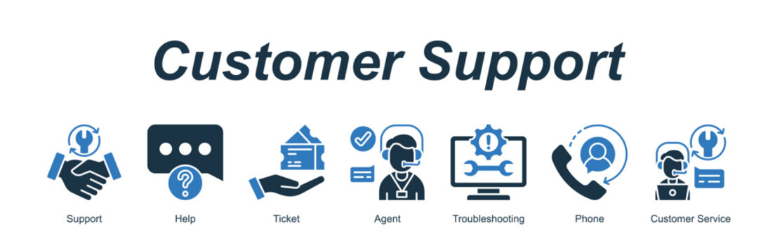 Customer Support banner web icon vector illustration concept with an icon of Support, Help, Ticket, Agent, Troubleshooting, Phone, Customer Service 