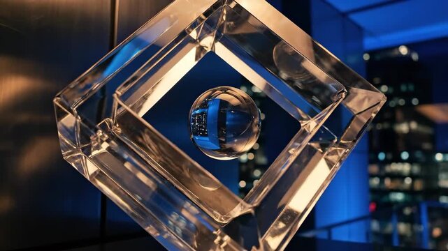 Abstract glass structure with a floating sphere, luxury modern design background for technology, architecture, branding and presentation themes, translucent forms, dark elegant backdrop, realistic