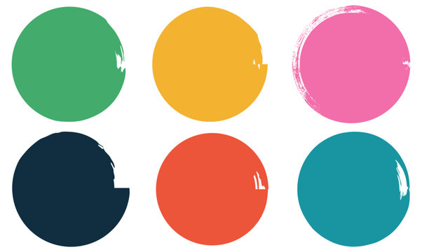 Set of watercolor circles brash multicolored. Vector art of eight colorful circles with rough brush stroke textures isolated on transparent background.
