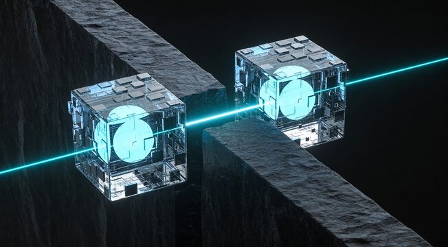 Enterprise interoperability background showing cross platform communication through a solid barrier, premium dark technology concept for middleware, connected systems and digital transformation