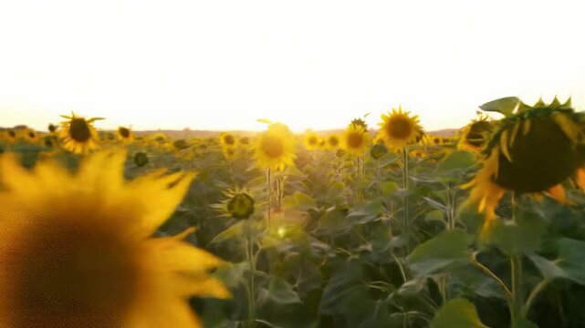 Expansive aerial video of vibrant yellow sunflower field at golden hour, rich sunflare, tracking blooming rows, close-ups with creamy bokeh, concept of natural beauty and prosperity