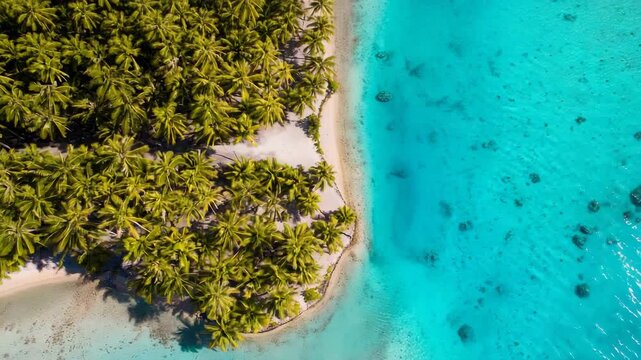 Palm covered islet bordered by turquoise shallow lagoon