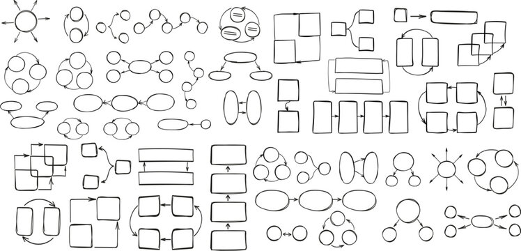 Hand drawn vector big set of flowcharts, diagram elements, and business process frames. Sketchy doodle blocks with arrows for workflow, infographics, and organizational structure design.