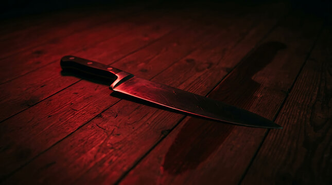 A dramatic still life a bloodied knife resting on a wooden surface in intense red lighting