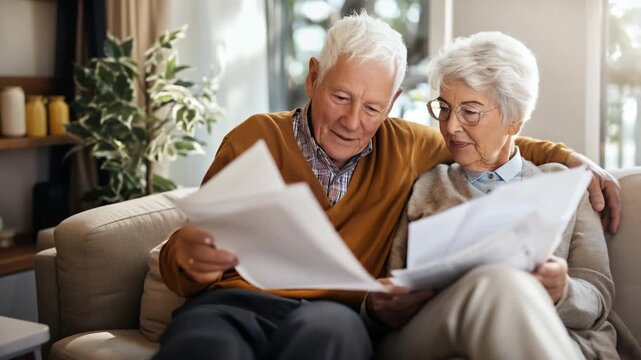 Senior couple reading documents together on living room sofa