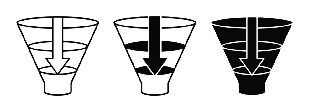 black and white vector illustration of three different funnel shapes representing stages in sales or marketing