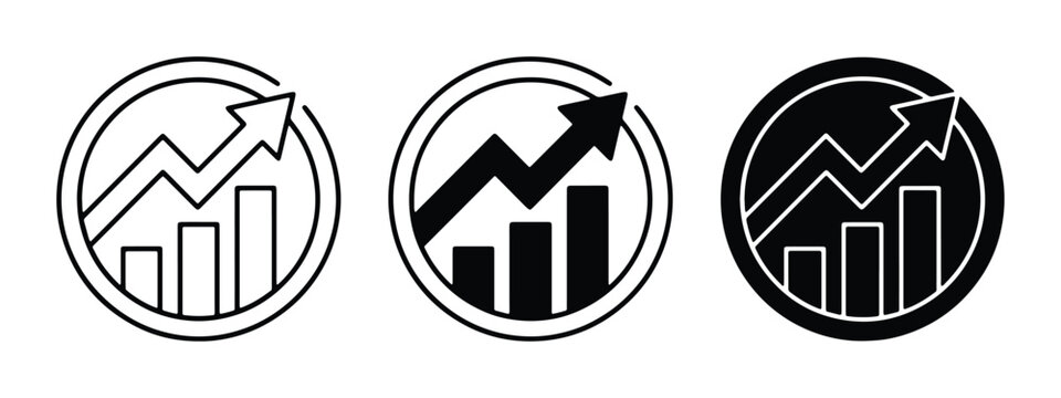 vector set of three growth charts in black and white with upward arrows inside circles