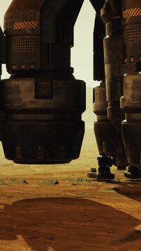 A majestic spacecraft stands on the rusty surface of Mars, its powerful engines ready for exploration. The golden tones of the sky create an otherworldly atmosphere.