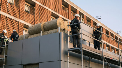 Naklejka premium Retrofit insulation crews work across the exterior of a mid-century hospital building, rolls of mineral wool stacked on scaffolding platform