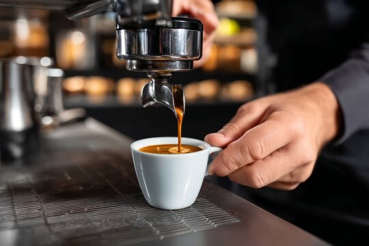 A Skilled Barista Tamping Coffee Grounds and Pulling Espresso with Strong Directional Light
