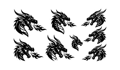 Obraz premium Dragon Head Silhouette Icons Set Fierce Mythical Vector Black White