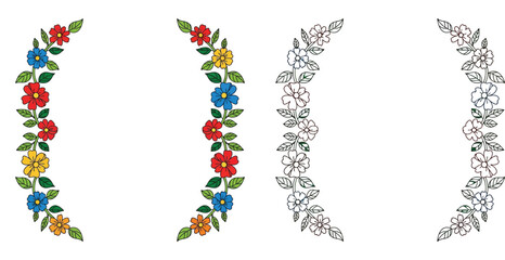 Set of decorative floral borders and vertical wreaths with colorful and line art hand-drawn flowers for greeting cards, invitations, and spring-themed graphic design projects. © SHOHAG