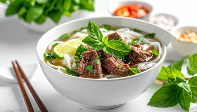 Authentische Pho-Bowl mit Rindfleisch, Kr&auml;utern und Reisnudeln