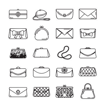 Collection of clutch purses and handbags with varied designs on white background