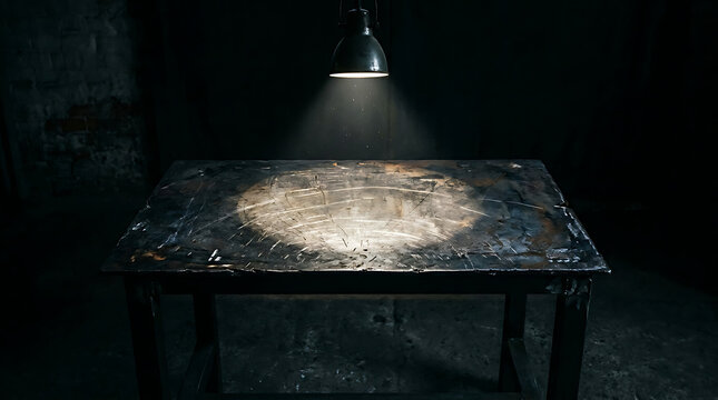 Dramatic low key lighting a modern lamp illuminates a textured abstract artwork in a dark room