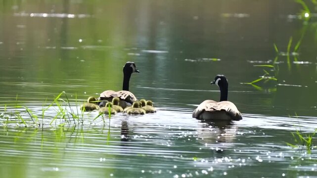 Canada geese with goslings swimming in the water