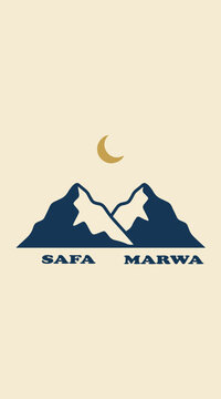 Minimalist mountain graphic featuring a golden crescent moon above the text safa and marwa for symbolic religious artistic designs