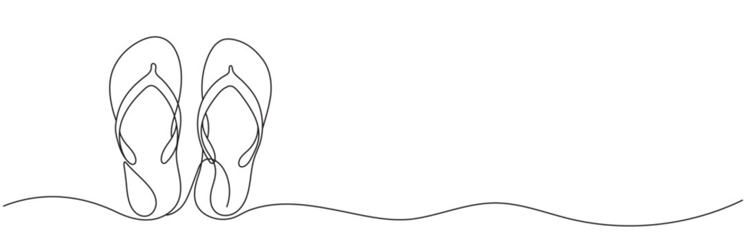 Beach flip-flops, one continuous line drawing, flip-flop sandals in line art style. Vector illustration. Editable line