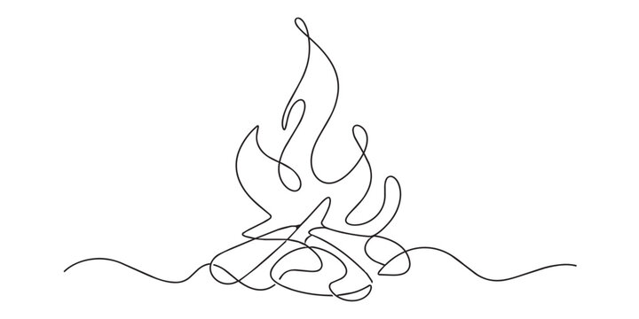 One line drawing of campfire with flames. Continuous line of warm fire movement. Outdoor and camping concept. Modern minimalist style. single line art vector illustration.