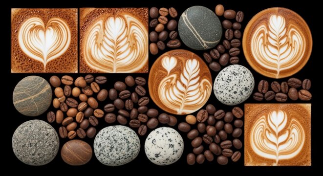 Flat lay of coffee latte in square and circular cups, arranged with roasted coffee beans and various textured grey and white stones on black
