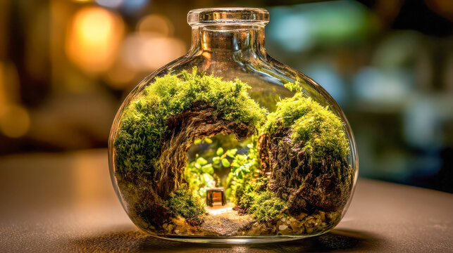 A miniature moss terrarium in a glass bottle with a simulated forest cave and warm lighting, a magical decoration for an indoor garden