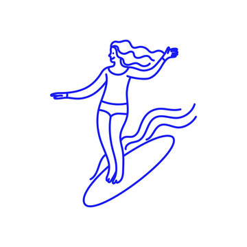 Vector hand drawn doodle girl cartoon illustration, surfer mascot character, female, sporty surfing figure riding a wave, playful creative modern sketch design for branding, advertising, t-shirt print
