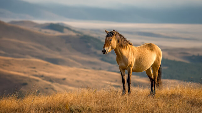 A Przewalski's wild horse stands on golden meadow hills at sunset, a rare and endangered equine species in its natural steppe landscape