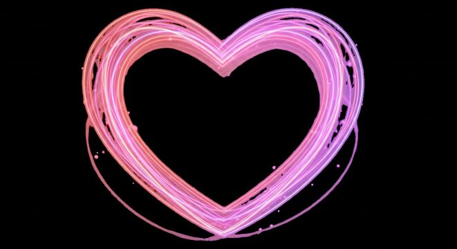 Glowing heart shape formed by swirling neon pink and orange light trails on a solid black background
