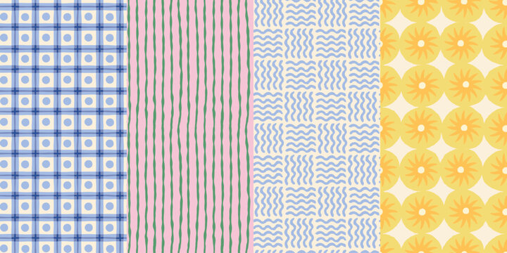 Vector seamless patterns set in hand drawn doodle sketchy style with ocean waves, stripes and checks, abstract backgrounds for posters, summer sea side vacations holiday prints