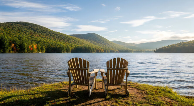 Serene lakeside retreat two adirondack chairs overlooking calm waters and lush green mountains