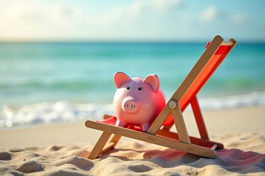 Piggy Bank Lounging on a Deckchair by the Beach with Ocean Scenery