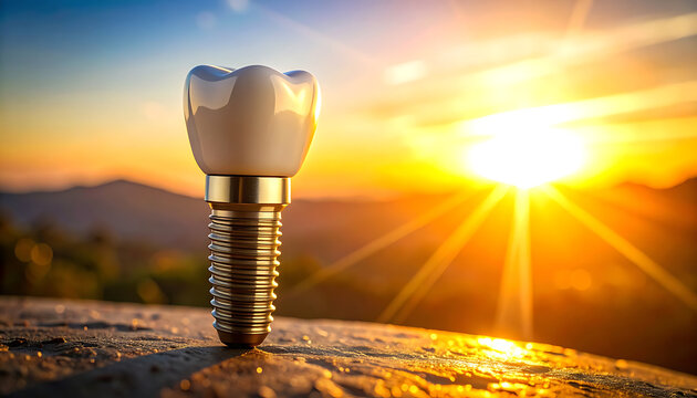 Dental implant with golden base stands tall against a warm sunset over rolling hills, symbolizing hope and restoration