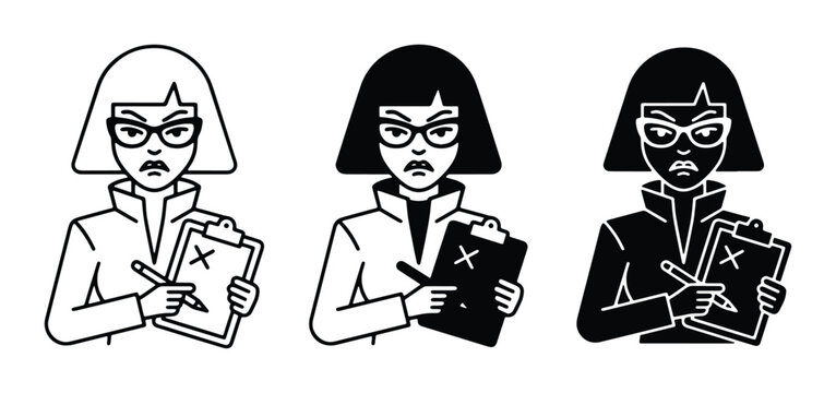 black and white vector icons of three women with clipboards checking off tasks