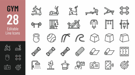 Gym and Fitness Line Editable Icons set. Vector illustration in modern thin line style of workout related icons: treadmill, weights, exercise equipment, gym machines © Jason
