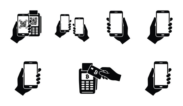 set of icons representing various cryptocurrency transactions using mobile devices and QR codes