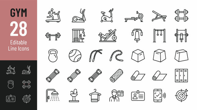 Gym and Fitness Line Editable Icons set. Vector illustration in modern thin line style of workout related icons: treadmill, weights, exercise equipment, gym machines