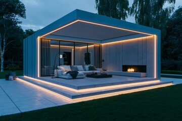 Naklejka premium Modern outdoor patio with led lighting and fireplace