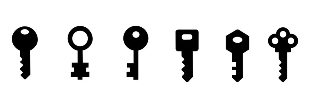Key icon set. Vintage keys, access, security, house key silhouettes in flat style.