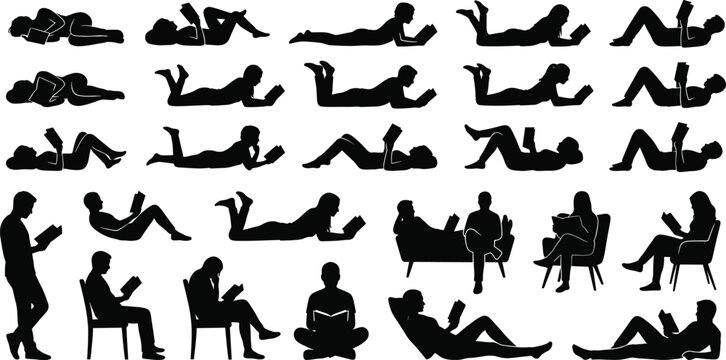Collection of black vector silhouettes of people reading books in different relaxing posesCollection of black vector silhouettes of people reading books in different relaxing poses