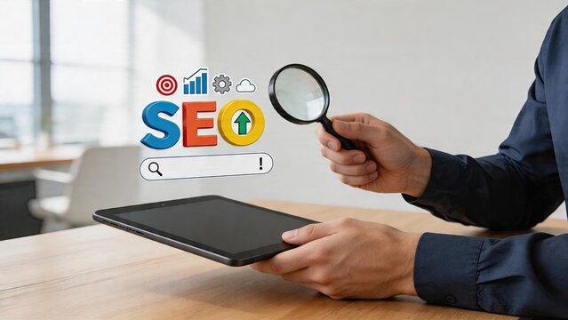 Businessman holding tablet and magnifying glass examining SEO graphic floating above digital marketing strategy analysis search engine optimization concept for website growth