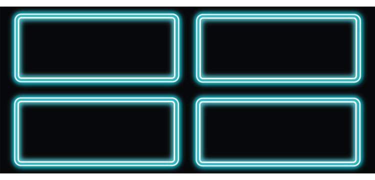 Neon glowing rectangular frames isolated on black background for digital graphic design elements featuring bright blue light tubes arranged in minimalist geometric patterns