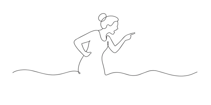 One line drawing of angry mother pointing finger. Strong emotional gesture of warning. Parenting and discipline concept. Modern minimalist style. single line art vector illustration.