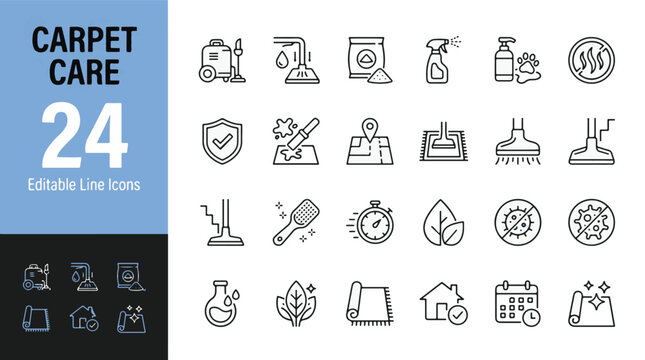 Carpet Care Line Icons set. Vector illustration in modern thin line style of professional rug cleaning service icons: vacuum, steam cleaner, stain removal, detergent
